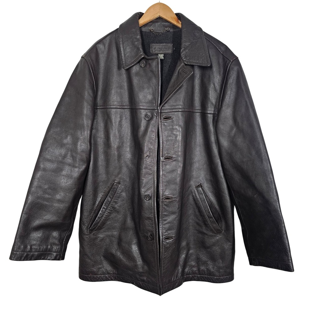 Vintage J.Crew Men's Leather Heavy Car Coat Jacket Wool Blend Dark Brown Large‎
